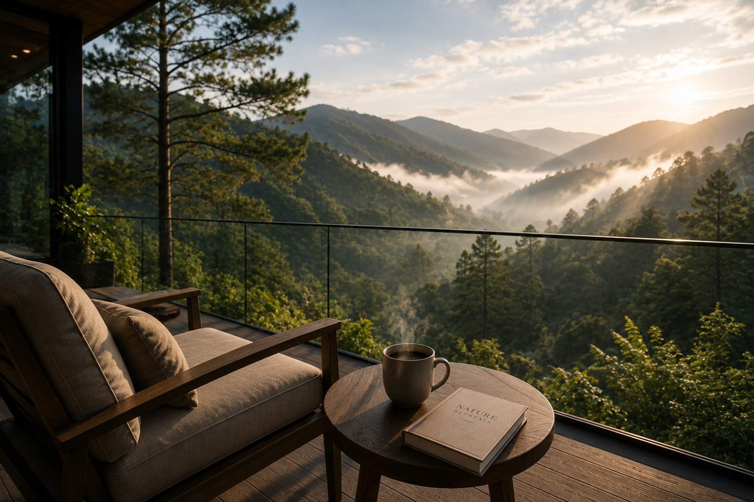 Morning mist over mountain valley and dense forest